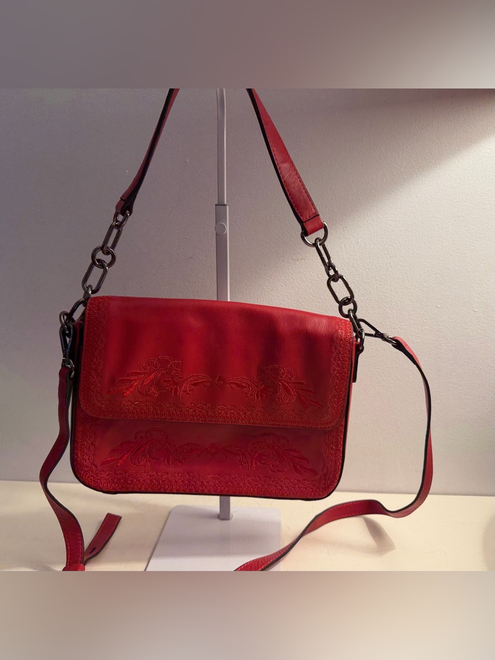 LODIS Floral Embroidered red Leather Bag with Two Straps